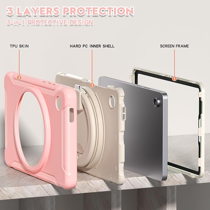 Heavy Duty Shockproof Case for Samsung Galaxy Tab A11 8.7 Inch 2025 (Model: SM-X133/X135/X135F) - with 360° Rotating Stand Handle, Built-in Screen Protector,Kid-Friendly Protective Cover (Pink)