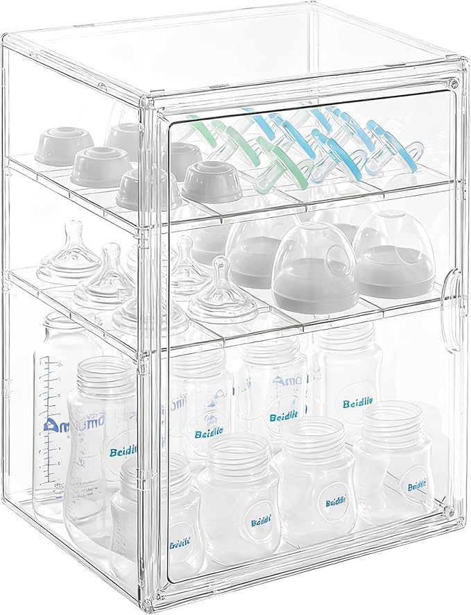 ERTIUANIO Baby Bottle Organizer – 3 Tier Acrylic Bottle Storage Organizer container, Clear Plastic Bottle Station Organizers Drawers for Countertop Kitchen Cabinet Vanity, Bathroom, Gifts for New Mom