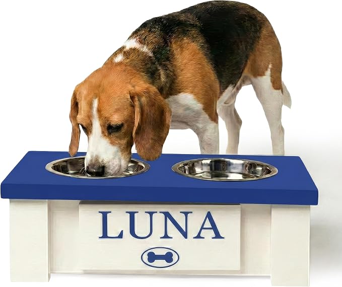 Elevated Dog Bowls for Small Dogs, Personalized Food Stand for Toy Breed | Farmhouse Style, Elevated Wood Stand, Storage Container, Stainless Steel Bowls, Raised Anti-Slip Feeder, Made in USA