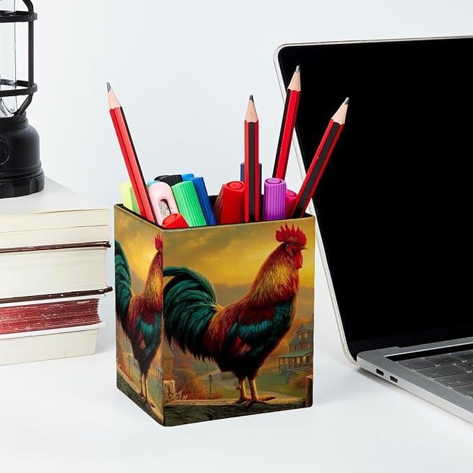 Rooster Pen Holder for Desk Decor, Rectangular PVC Leather Pencil Cup for Desk Pen Organizer, Makeup Brush Holder for School, Home, Office