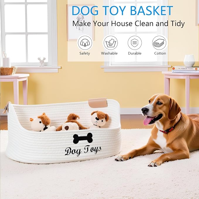 Dog toy basket storage large dog box pet bed great for collecting pet toys, blankets, leashes, clothing in living room playroom closet - Beige