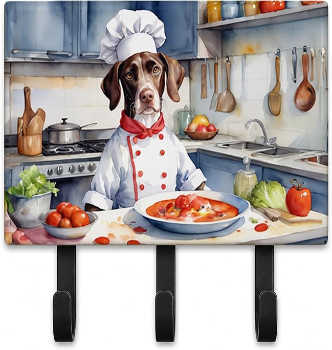 Caroline's Treasures Pointer The Chef Leash or Key Holder Wall Hooks, Key Hooks Holder, Coat Rack Wall Mount, Coat Hooks, Hooks for Hanging Keys, Towels, Aprons, Leashes | Pointer The Chef artwork on ceramic tile with three steel hooks for keys, leashe...
