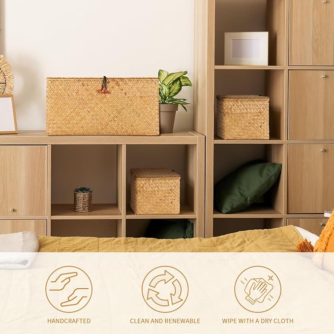 FEILANDUO Wicker Shelf Basket with Lids, Seagrass Storage Baskets Bins Rectangular Woven Baskets Boxes for Organizing Multipurpose Container Boho Home Decor Large Set of 3