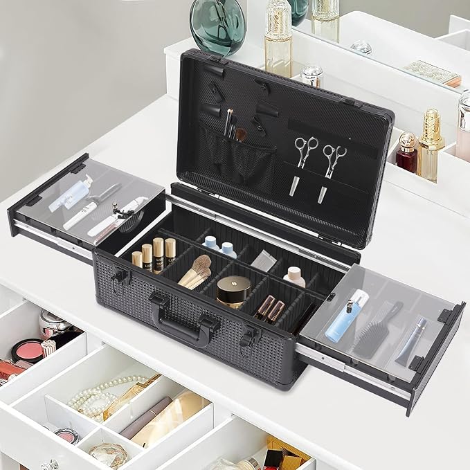 Barber Case, Professional Barber Organizer Case, Clipper Storage Suitcase, Aluminum Hard Shell Tool Box, Dustproof Clear Cap, Hair Stylist Pet Grooming Salon Travel Kit Organizer 17.13