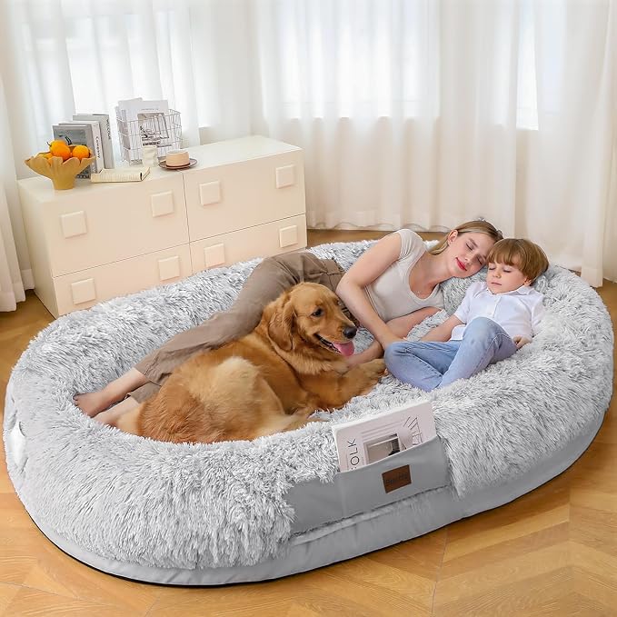 Human Dog Bed for Adult, 71"x48" Large Pet Dog Bed, Cool Grey | Adult Dog Bed for Humans with Pillow & Blanket, Fluffle Cloud Dog Bed with Orthopedic Foam Bolster, Durable Zipper, Portable