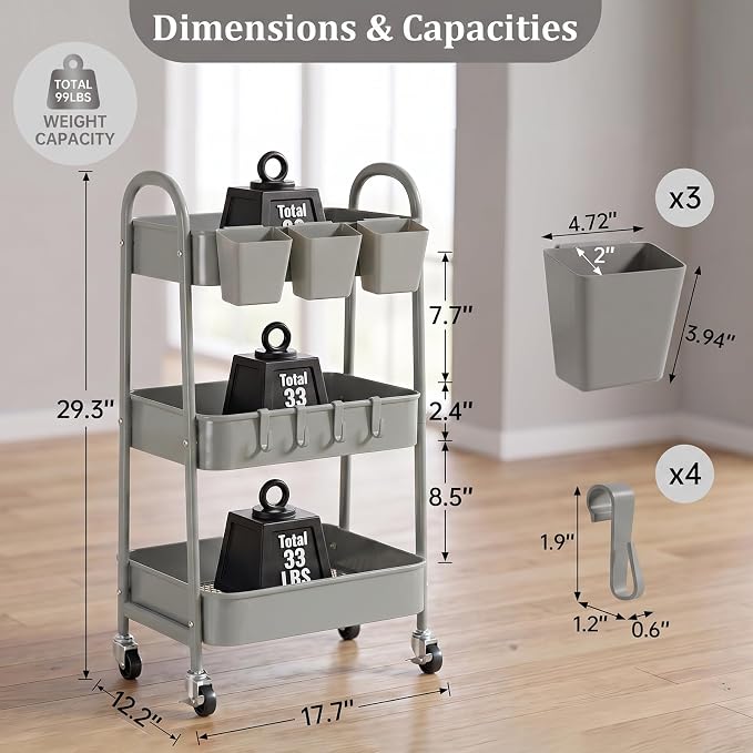 danpinera 3-Tier Rolling Cart, Metal Rolling Storage Cart with Lockable Wheels & Hanging Cups & Hooks, Mobile Trolley Cart for Kitchen, Bathroom, Office, Workshop, Gray