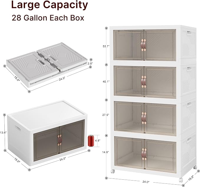 Stackable Storage Bins with Lids, 440QT Lockable Storage Cabinet | Closet Organizers, Foldable Storage Box with Doors and Wheels, Plastic Drawers for Home, Garage, Office (4, White, Plus)