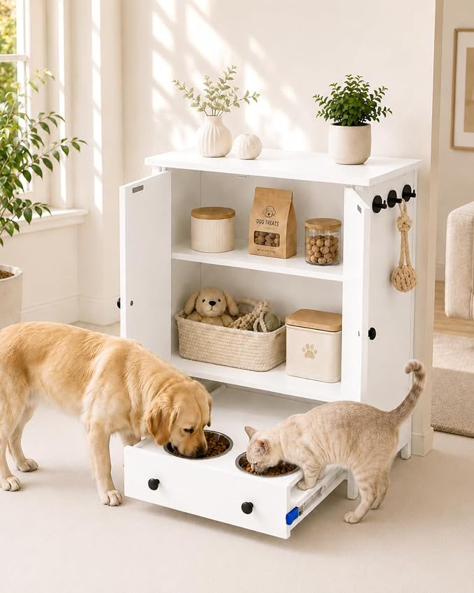 Dog Feeding Station with Storage Cabinet, Hidden Pull-Out Drawer | Metal Slide Rail, White Pet Food Storage Cabinet, 2 Elevated Bowls, Adjustable Shelf & 3 Hooks for Leashes, Collars, Toys