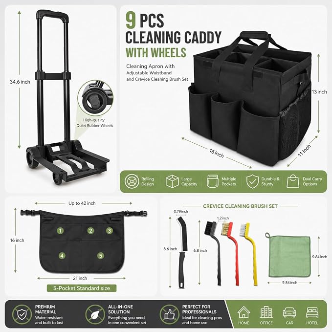 Cleaning Tools Cleaning Caddy with Wheels and Cleaning Apron, Large Rolling Cleaning Caddy Bag with Detachable Trolley, 6PCS Crevice Cleaning Brush Set, Adjustable Shoulder Strap & Multiple Pockets