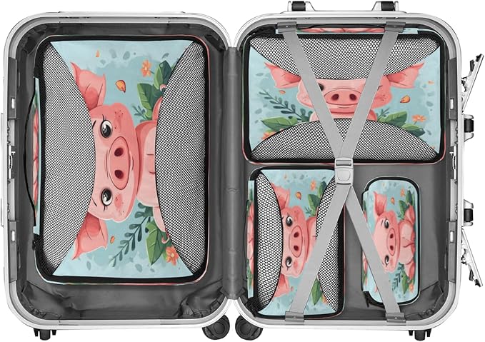 4 Set Packing Cubes for Travel, Pig Packing Cubes for Women, Travel Luggage Packing Organizers, Packing Cube Set, Animal Funny Cute Piggy