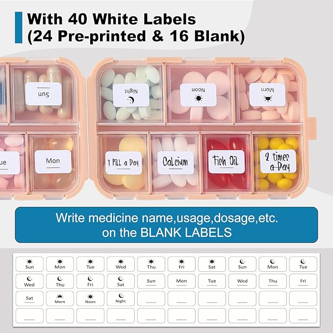 14 GRIDS Travel Pill Organizer Box with Labels - Travel Medicine Case Kit - Pocket Daily Pharmacy Container - Travel Medication Holder Dispenser for Fish Oil Vitamin Supplement Storage - Pink