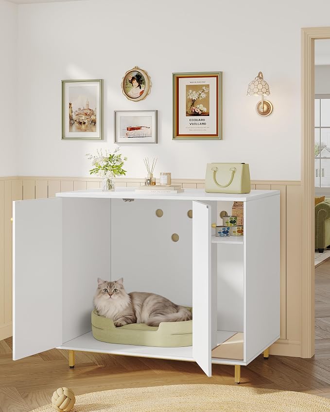 Hzuaneri Large Cat Litter Box Enclosure, Automatic Litter Box Furniture | Wooden Self-Cleaning Cat Cabinet with Storage & Scratch Pad, Modern Cat Washroom, End Table, White and Gold CB87103G