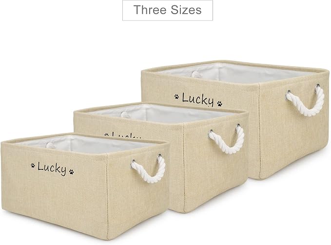 Personalized Dog Toy Storage Basket Bin, Customized Pet's Name Storage, Collapsible Organizer Box for Dog Toys, Clothing, Apparel & Accessories, Beige, Medium
