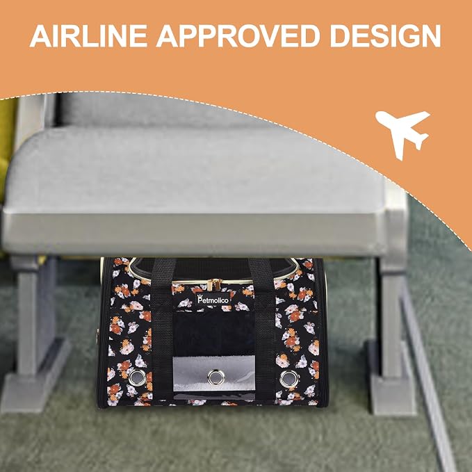 Petmolico Cat Carrier Soft-Sided Airline Approved, Large, Orange Flower | For small/medium cats & puppies up to 16 lbs, 3 open doors, travel-friendly pet bag