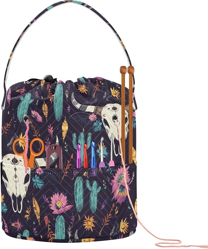 Fustylead Tribal Skull Cactus Western Skeleton Bull Crochet Drawstring Organizer, Large Yarn Bag Storage Tote Basket for Crocheting On The Go, Kit Holder, Gift for Knitter, Crochet Beginner