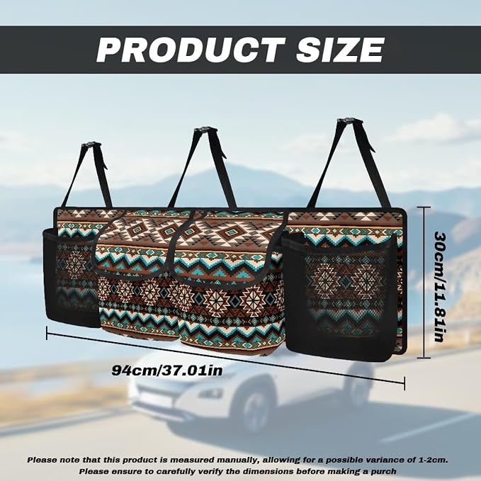 Dreaweet Native American Car Trunk Organizer,Aztec Tribal Geometric Backseat Hanging Large Storage with 4 Pockets Waterproof Collapsible Backseat Hanging Organizer,Cargo Storage Bag for SUV,Truck