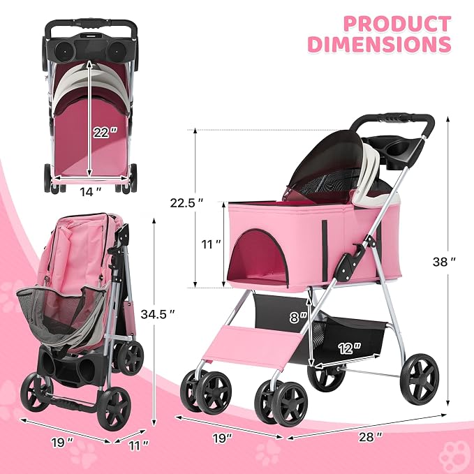 Magshion 3-in-1 Foldable Pet Stroller for Small to Medium Dogs and Cats | Dog Travel Jogger with Detachable Carrier, Cup Holder & Storage Basket, For Small/Medium Dogs & Cats Up to 33 lbs