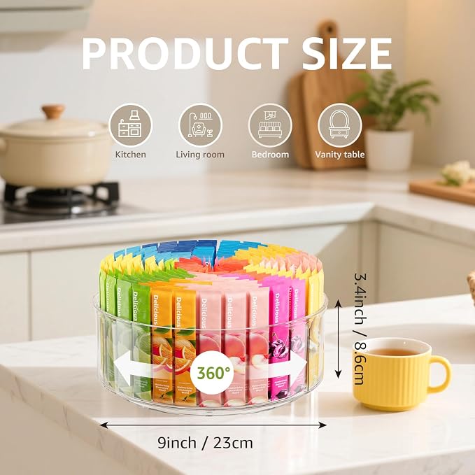 Divided Drink Packet Organizer, Largr Rotating Clear Lazy Susan Turntable | for Powdered Drink Mix, Water Drink Packet Holder, Water Flavor Packet, Coffee, Tea – Space-Saving Countertop Organizer