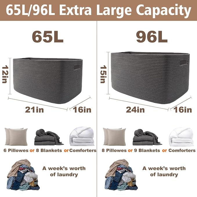 JMvicyroam 65L Large Woven Cotton Rope Blanket Basket, Grey | Blanket storage for living room or bedroom use, Freestanding with reinforced handles, Entire basket is machine washable