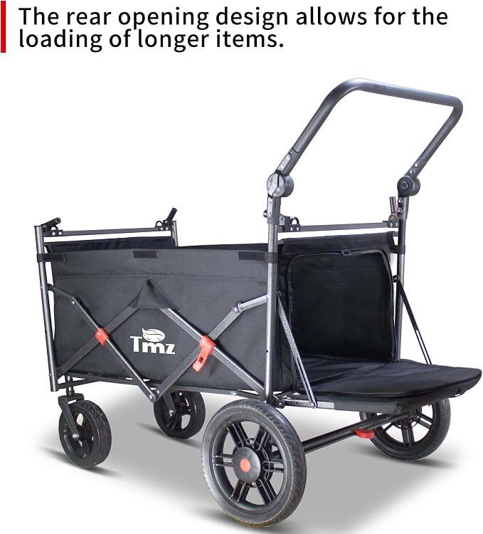 TMZ Collapsible Wagon Cart, Folding Utility Wagon with Breathable Fabric, Canopy, Expandable Storage, Adjustable Handle, Brake, Heavy Duty Cart for Walking & Camping (Black)