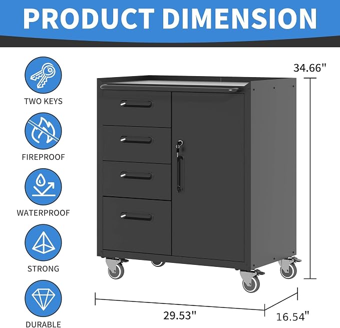 Metal Storage Cabinet for Garage, Tool Cabinet, Utility Cabinet | Wheeled, Rolling Tool Cabinet, 4 Drawers, 1 Door Lockable, Top Countertop, Assembly Required, Black