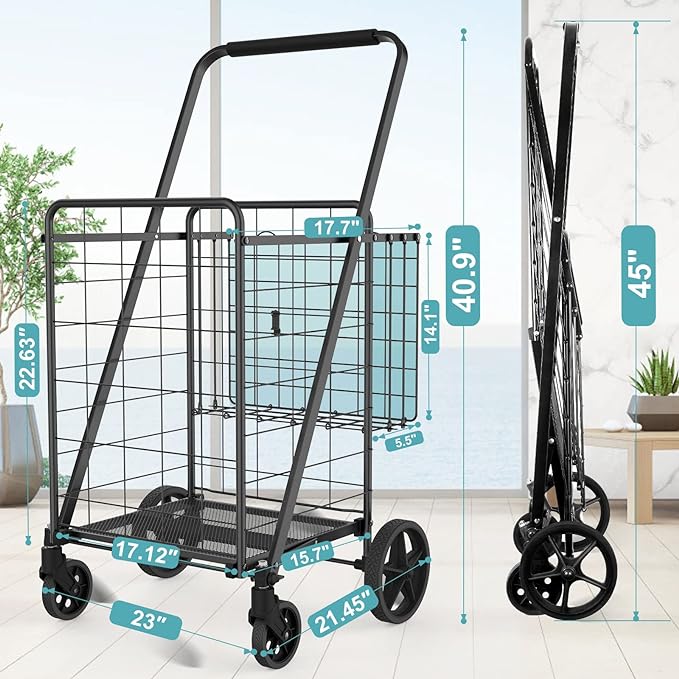 Upgraded Shopping Cart for Groceries,330LBS Jumbo Grocery Cart | Waterproof Liner, 360° Rolling Swivel Wheels and Double Basket, Heavy Duty Folding Shopping Carts for Laundry Transport