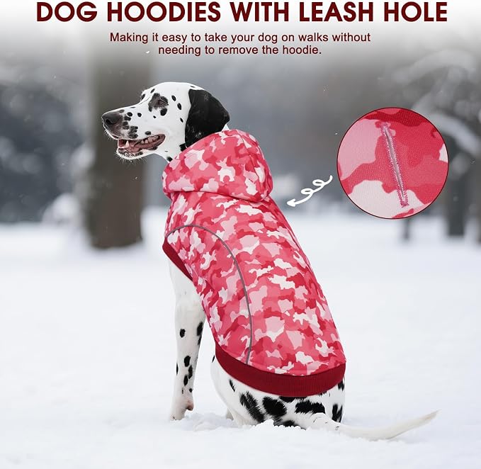 IECOii Camo Dog Hoodie Fleece Lined Dog Sweatshirt Pullover with Leash Hole and Reflective Stripes, Windproof Warm Hoodie for Small Dogs Girl Boy, Fall Winter Outdoor Pet Hoodies, Pink Camo, L