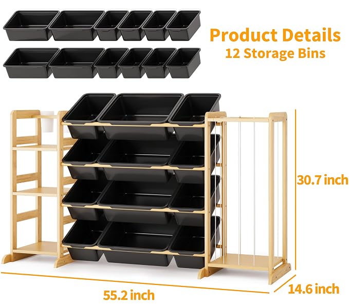Toy Storage Organizer with Bookshelf and Stuffed Animal Storage - Kids Playroom Organization with Shelves and 12 Toy Bins - Toddler Living Room Toy Box for Lego - Nursery Bedroom Decor Essential