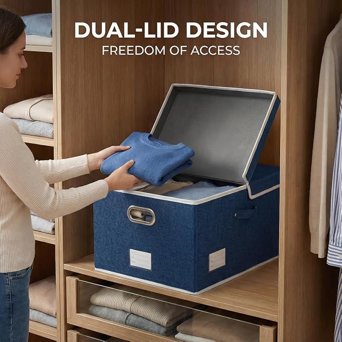 Storage Bins with Lids [3-Pack] Linen Fabric Foldable Storage Boxes Organizer Containers Baskets Cube with Cover for Bedroom Closet Office Royal Blue(23.4X15.9X11.4)