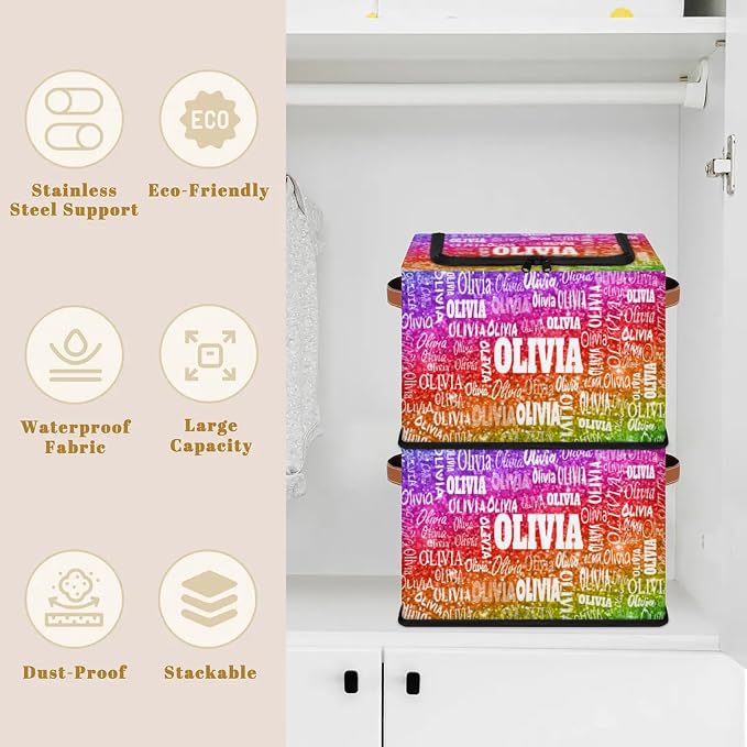 Personalized Storage Basket with Name, Rectangle Toys Storage Bin with Handles Zipper Lid for Girls, Collapsible Basket for Clothes, Books, Bright Colorful Rainbow Red Green Purple Sequins Glitter