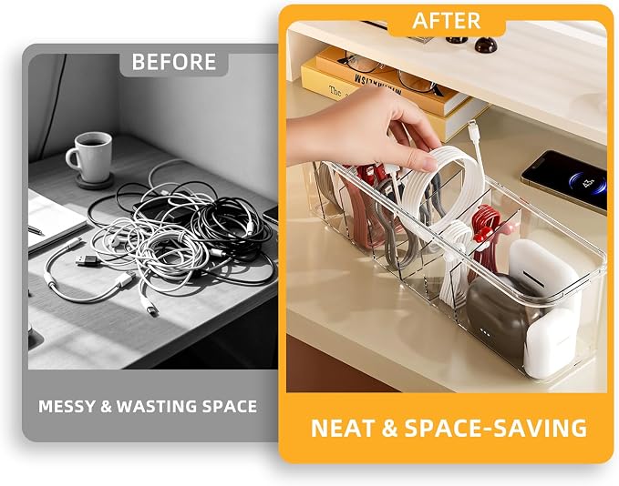 Desktop Charger Cord Storage Organizer Box Cable Organizer Box With Lid | 2 Pack Stackable Clear Storage Boxes, Easy Management Without Cable Ties, Visible for Drawer Organizing, Cosmetics & Cables