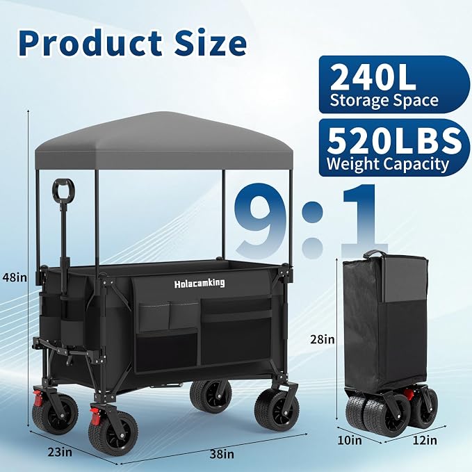 Collapsible Canopy Wagon Cart, Heavy Duty Utility Wagon with Removable Sun Cover, All-Terrain Big Wheels, Dual Brakes, Extra Large Grocery Cart for Beach Camping Sports Tailgates, Black