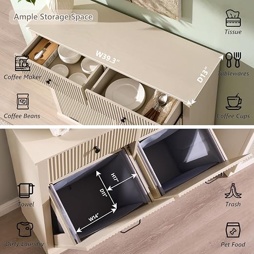IFGET Double Tilt-Out Trash Cabinet, Fluted Laundry Hamper Cabinet, Cream