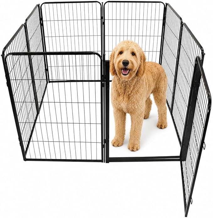 Indoor Dog Playpen - 40 inch, 8 Panels for Small and Puppy Size Dogs - Heavy Duty Metal Portable Pet Fence with Black Anti-Rust Coating - Play Pen w/Extra Wide Gate