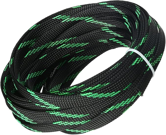 Jutagoss PET Expandable Braided Cable Sleeve, 32.8ft - 3/8 inch Black Fluorescent Green Cable Management Sleeve, Wire Loom Tube Cord Protector for USB Cable, Power Cord, Audio Video and More, 1Pc