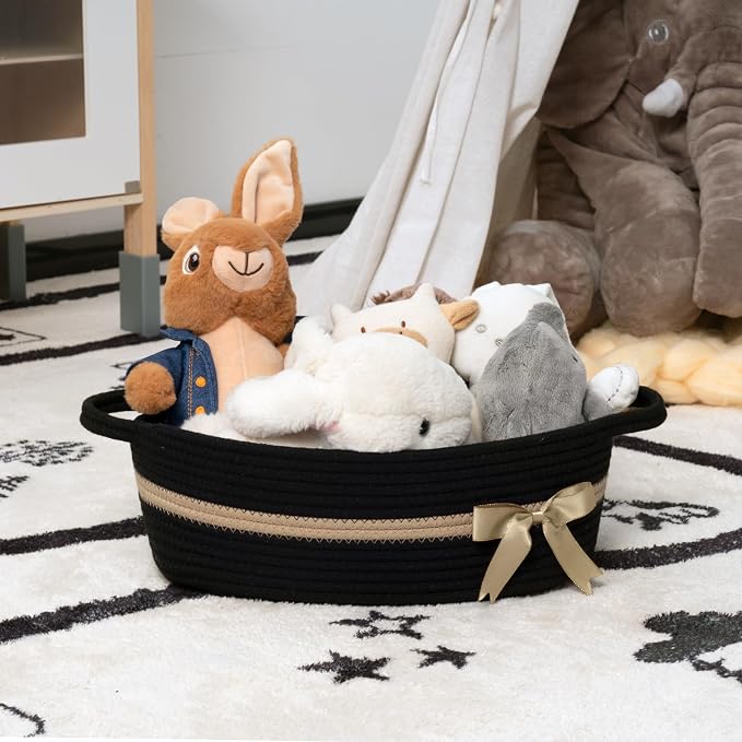 CHICVITA Small Woven Rope Gift Basket, Decorative Boo Basket, Black Brown | 13" x 10" x 5" Storage Baskets for Diapers, Toys & Towels, Fits Nursery, Bedroom & Home Decor, Built-In Handles, Bow Design