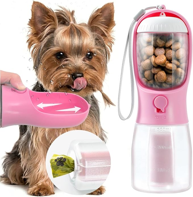 Portable Water Bottle for Small Dogs, 3 in 1 Pet Travel Bowl Dispenser with Food Treat Container & Poop Bag Holder, Summer Hiking Walking Accessories for Puppy On The Go - Pink, 10oz