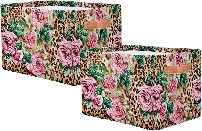 Leopard Print Floral Flower Storage Basket Storage Cube Basket Bin | Collapsible Cloth with Handles Rectangular Toys Nursery Bedroom Home Office
