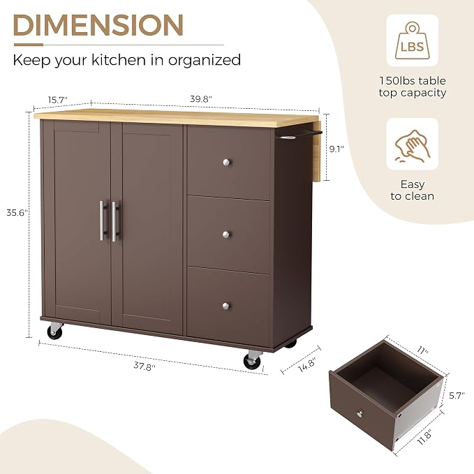 QAQA 40" Kitchen Island Cart Furniture cart on Wheels Rolling Portable Dining Room Serving Utility Carts Mobile Movable with Drawers Cabinet,Brown