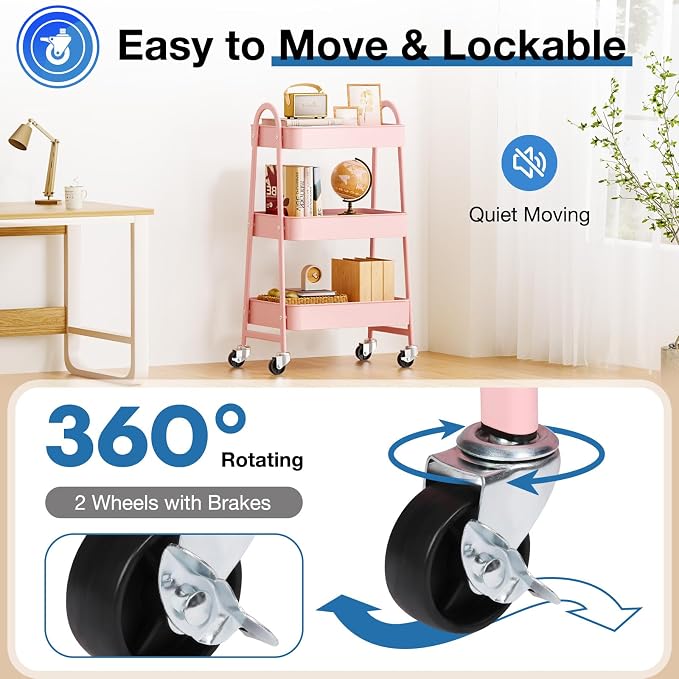 OLIXIS Metal Rolling Storage Utility Cart with Lockable Wheels 3 Tiers | Mobile Organizer Shelf, Space-Saving, Freestanding, Bathroom, Living Room, Slim, Narrow Corner Spaces, Pink