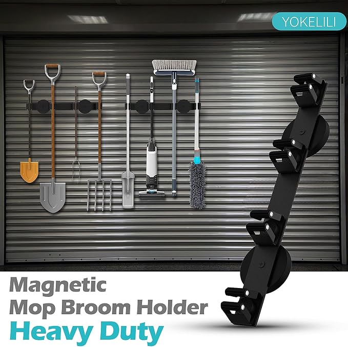 Magnetic Mop Broom Holder, Strong Non Slip Magnetic Broom Mop Hanger, Heavy Duty Magnetic Hooks for Hanging Shovel Rake Tools, Wall Mounted Utility Storage Magnet Rack 4 Rack