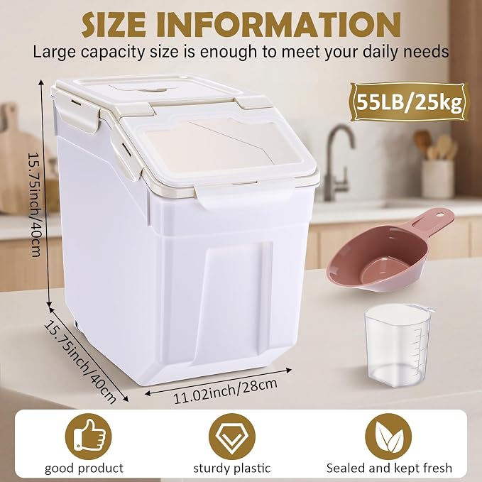 Sunnyray 4 Pcs 55 lbs Grain Rice Storage Container Flour Bin with Wheels Cup Leak Proof Pet Food Storage Boxes Seal Locking Lid Plastic Rice Containers Set for Cereal Flour Cat Dog Food (Beige)