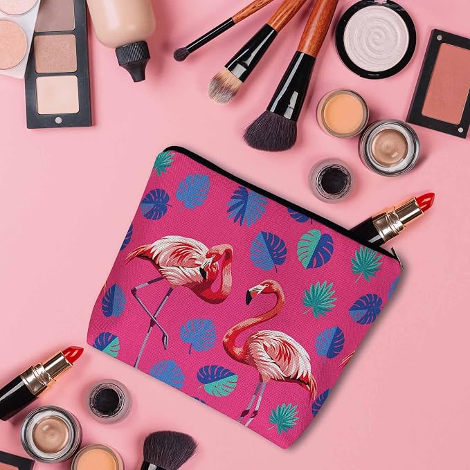 Flamingo Makeup Bag For Women, Adorable Cosmetic Pouch With Tropical Leaves Palms Pattern, Pink Zipper Travel Toiletry Organizer For Gym and Bathroom