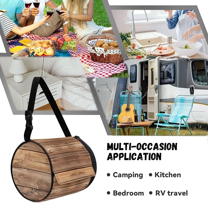 Rustic Wood Grain Paper Towel Holder Water Resistant Tissue Dispenser with Adjustable Strap,Versatile Cylinder Hanging Toilet Paper Roll Holder for Kitchen,Bathroom,Car Seat,Camping