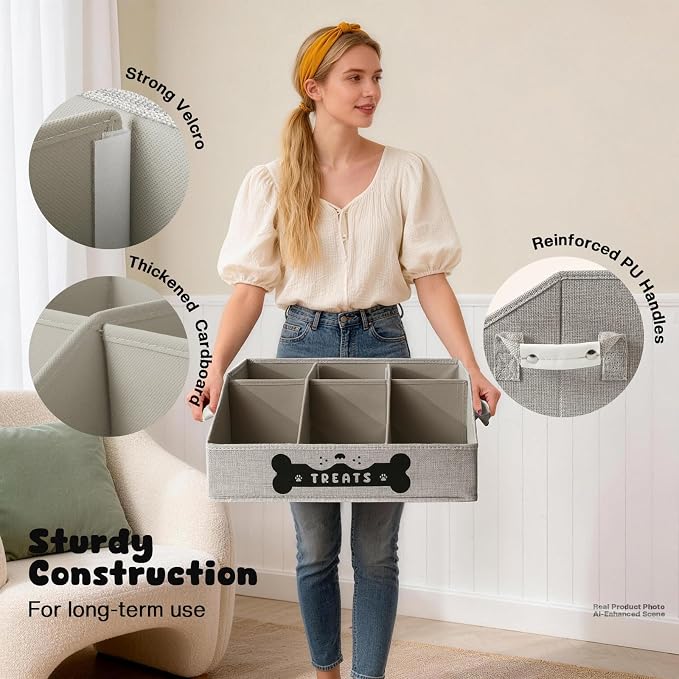 Dog Treat Container, Dogs Storage Organizer with Removable Dividers, Collapsible Dogs Treat Holder for Countertop, Trapezoid Pet Treats Containers, Dog Toy Basket with PU Handles, Medium, Gray