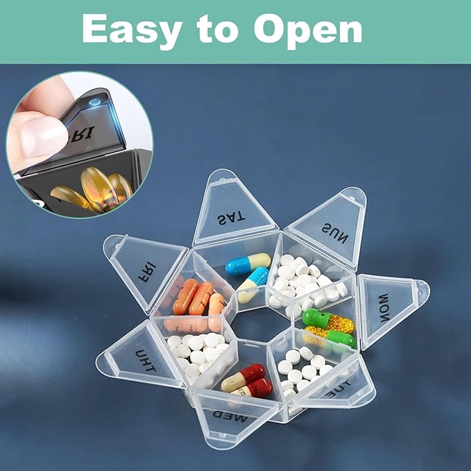 4X Travel Pill Organizer, Small Weekly Portable Pill Box Dispenser | 7 Compartments Weekly Medicine Vitamin Supplement Holder Reminder, Arthritis-Friendly (Black, Yellow, Green, Transparent)