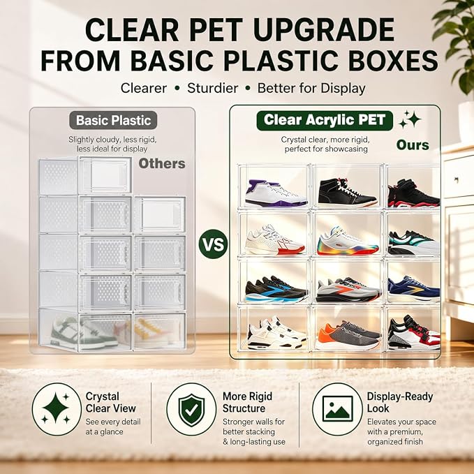 12 Pack Clear Acrylic Shoe Sneaker Boxes Fits Size 13, Wide Magnetic Door | Stackable shoe showcase for sneakers, high tops, large shoes, shoe collection display storage. Exterior 14.1 x 10.6 x 8.9 in