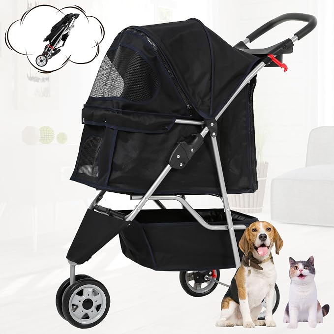 BLKMTY Folding Dog Stroller, 3 Wheels Pet Stroller, Foldable Cat Strollers Waterproof Travel Carrier Strolling Cart for Puppy Jogger with Cup Holder & Storage Basket, Black