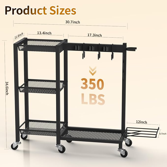 Broom Holder with Cleaning Supplies Organizer, 30.7"Wx11.8"Dx34.6"H | Load 350 LBS, Cleaning Cart with Wheels, 3-Tier Shelves, 6 Mop Hanger Grippers & 3 Double-Hooks, Vacuum Stand for Laundry