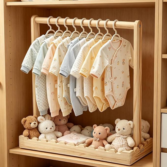 Wooden Baby Clothing Rack for Toddler, Baby Shower Crate Closet, Baby Storage Crate with Hangers, Pets Clothes Rack with Storage Box & Hanging Rod for Dogs Cats, Newborn Gifts Basket (Garden)